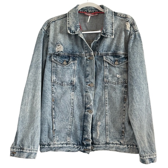 Free People Denim Jean Jacket with Distressed Look Oversized Size Small - Picture 11 of 11